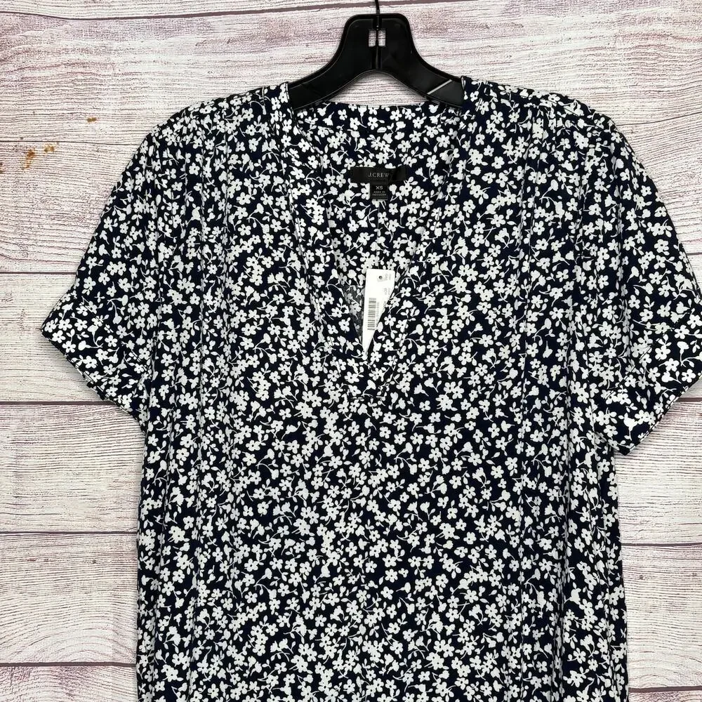 J. Crew Navy White Ditzy Floral Popover Cuff Short Sleeve Blouse Top Size XS New